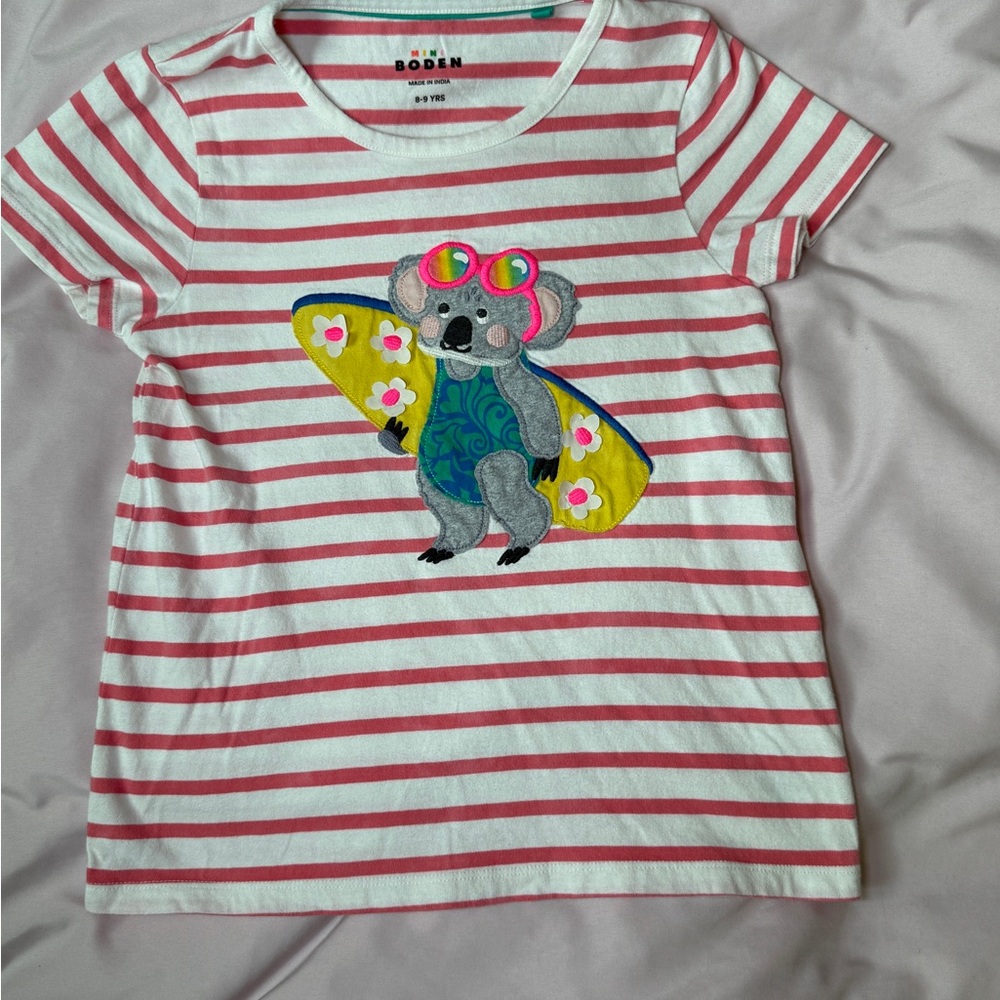 Mini Boden applique Kids Striped Koala T-Shirt - Red and White
